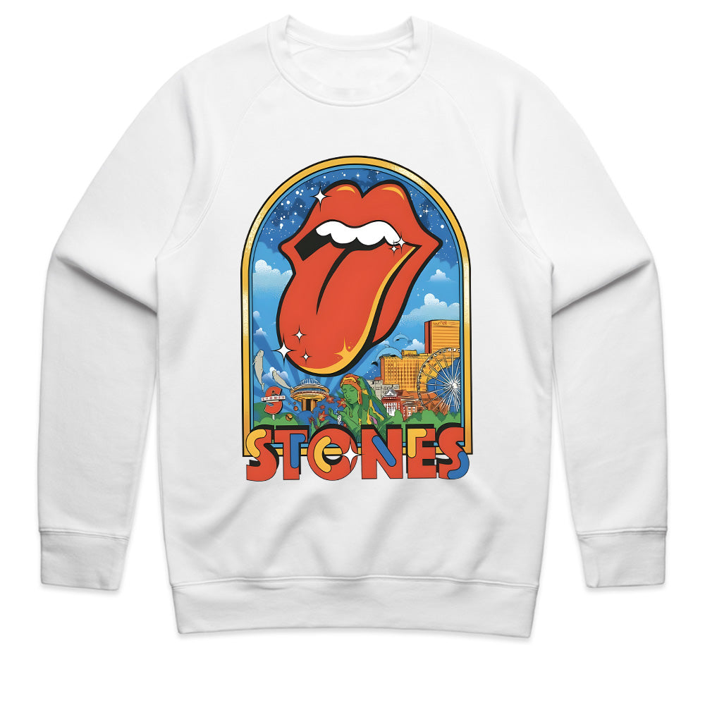 The Rolling Stones Retro Cityscape T-Shirt – Iconic Tongue Logo & Vintage Tour Art