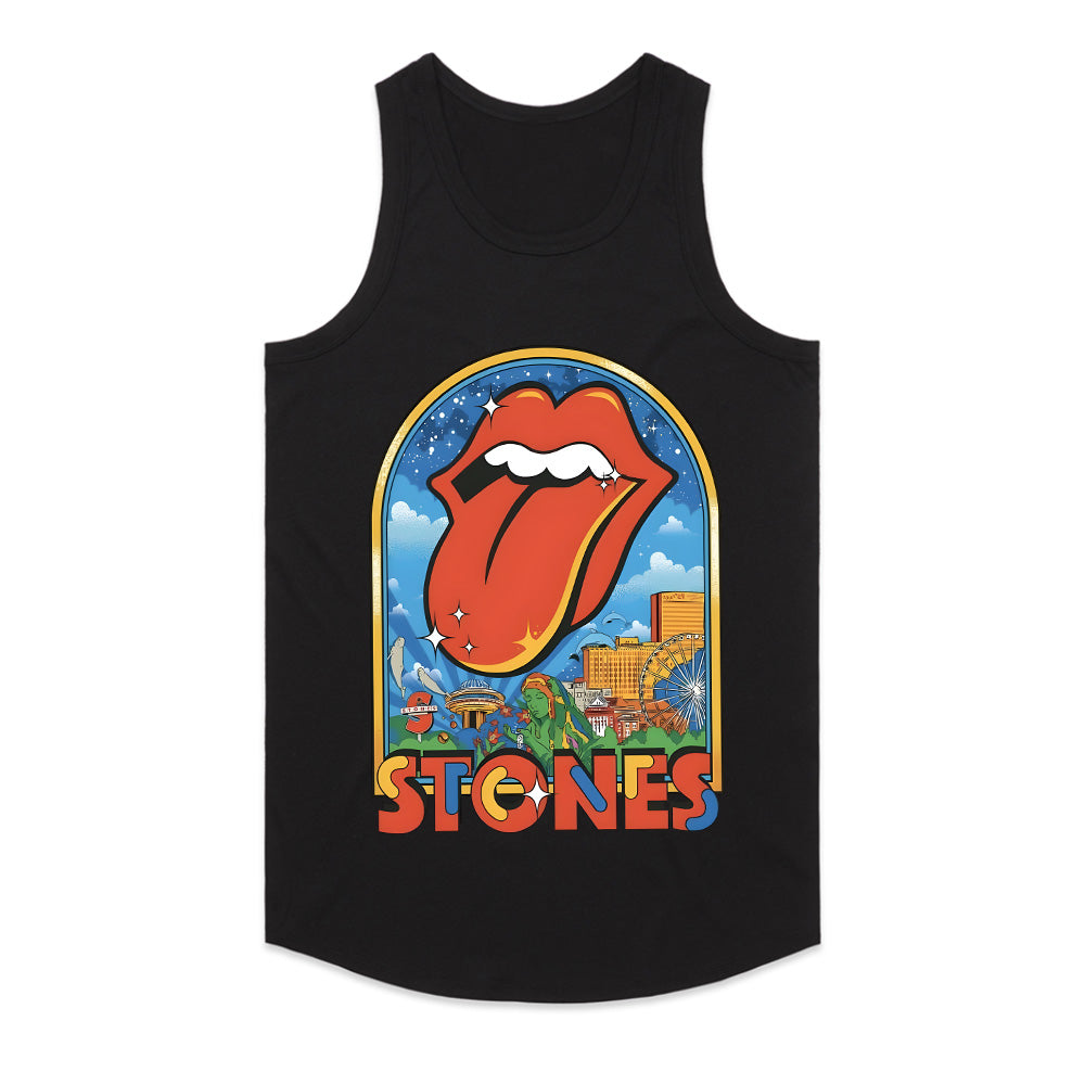The Rolling Stones Retro Cityscape T-Shirt – Iconic Tongue Logo & Vintage Tour Art