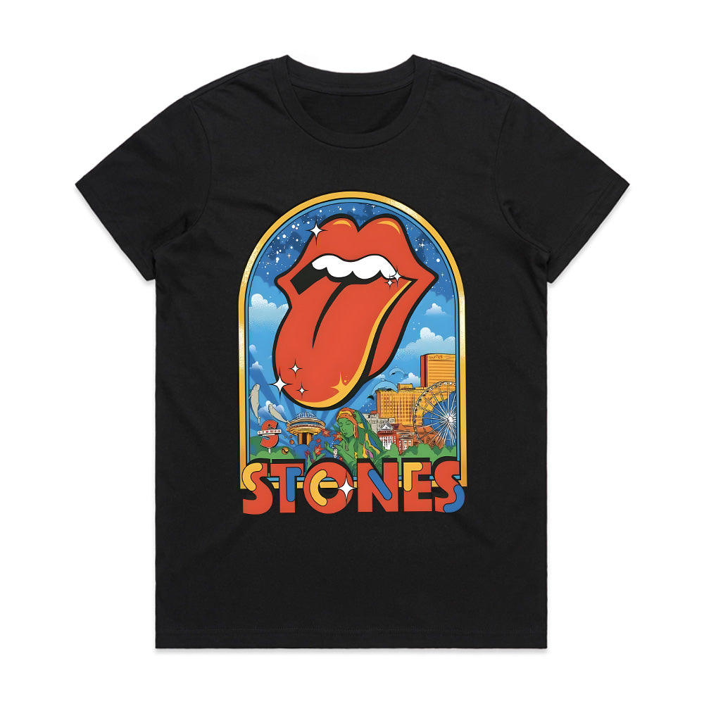 The Rolling Stones Retro Cityscape T-Shirt – Iconic Tongue Logo & Vintage Tour Art