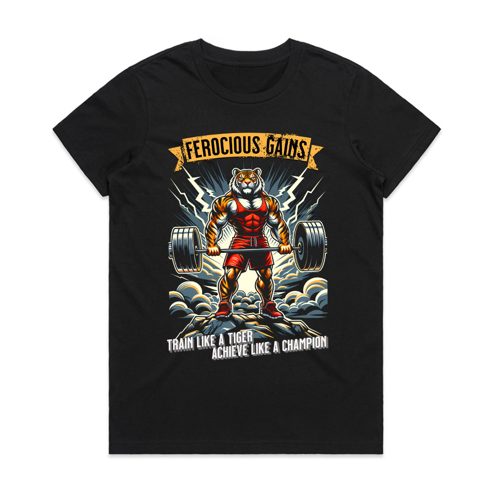 "Ferocious Gains" Tiger Powerlifting Gym T-Shirt – Train Like a Champion