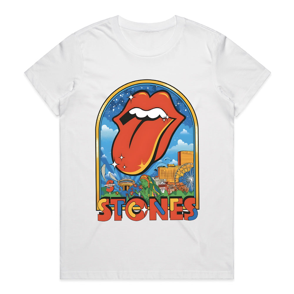 The Rolling Stones Retro Cityscape T-Shirt – Iconic Tongue Logo & Vintage Tour Art