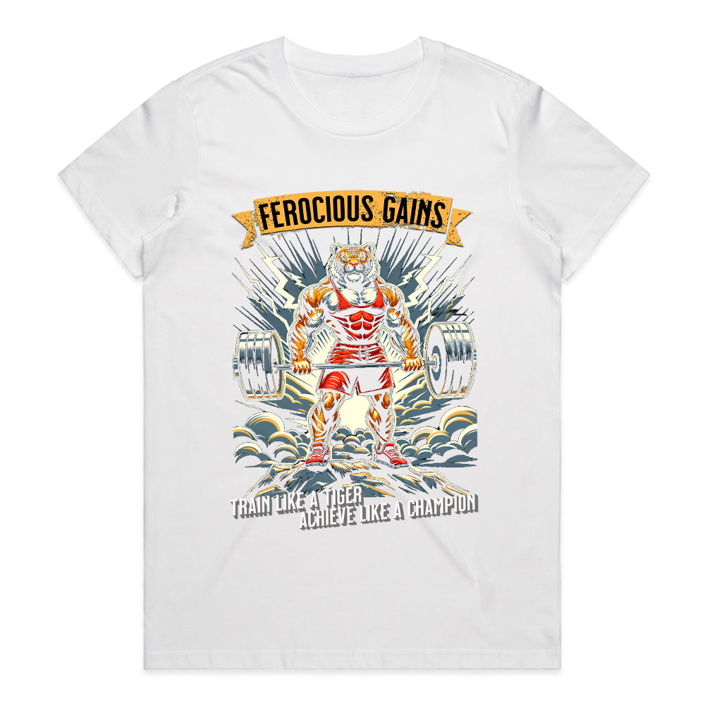 "Ferocious Gains" Tiger Powerlifting Gym T-Shirt – Train Like a Champion
