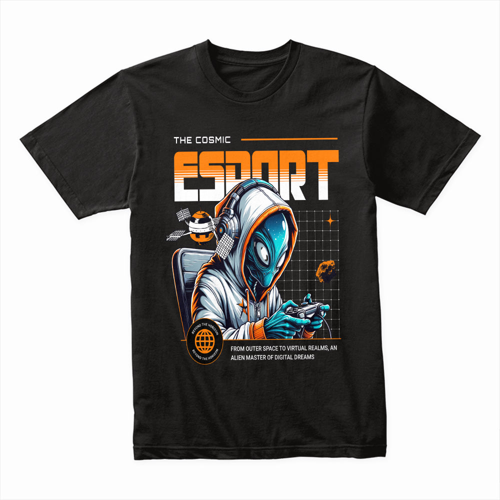 Cosmic Esport T-Shirt – Alien Gamer from Outer Space