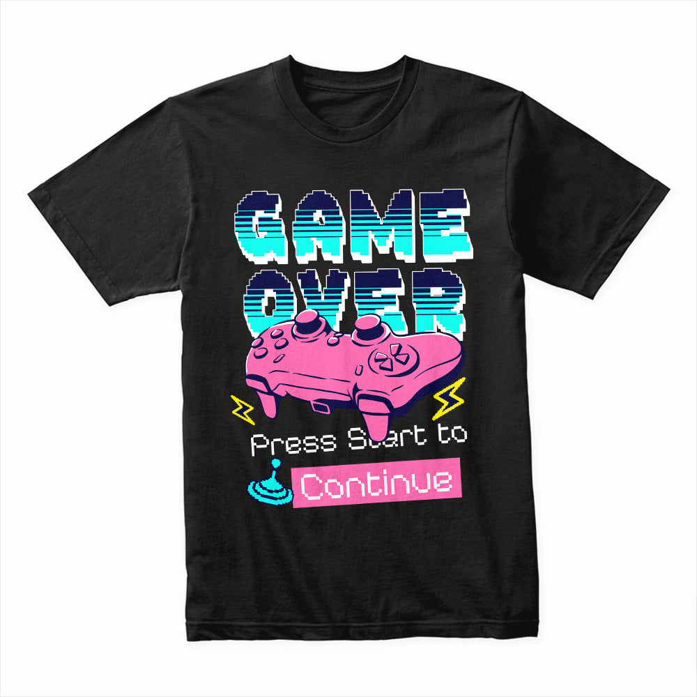 "Game Over – Press Start to Continue" Neon Retro Gaming T-Shirt
