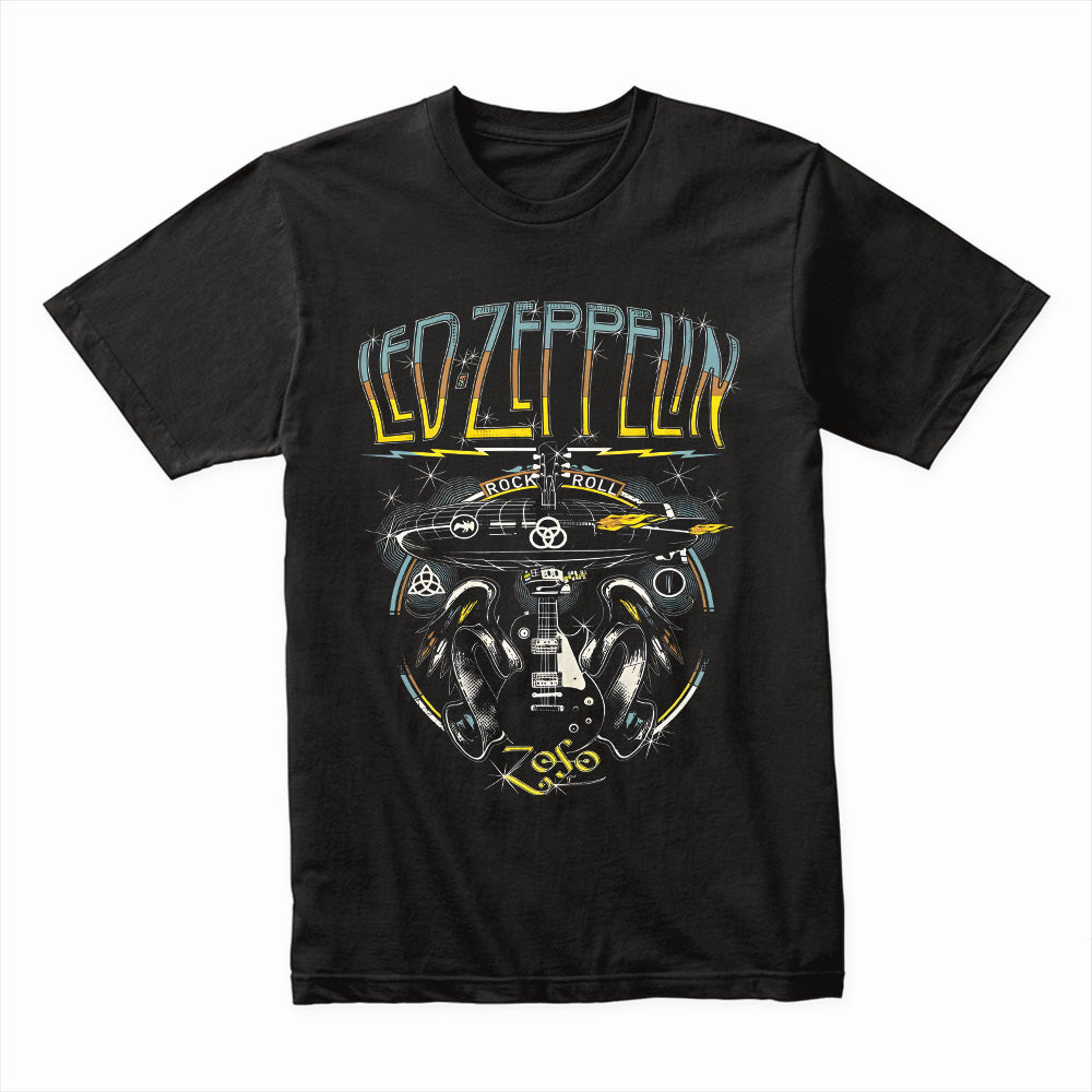 Led Zeppelin Rock & Roll Airship T-Shirt – Iconic Zeppelin & Guitar Design
