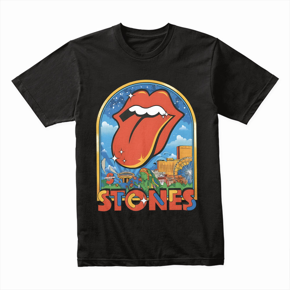 The Rolling Stones Retro Cityscape T-Shirt – Iconic Tongue Logo & Vintage Tour Art