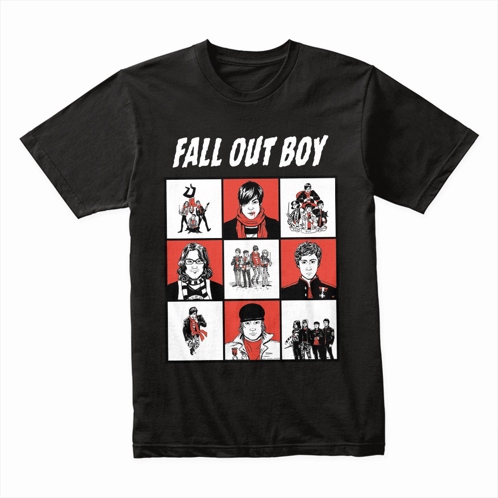 Fall Out Boy Comic-Style Grid Graphic T-Shirt – Alternative Rock Band Tee