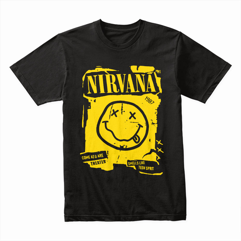 Nirvana Smiley Face Distressed Poster T-Shirt – Grunge Rock Tribute
