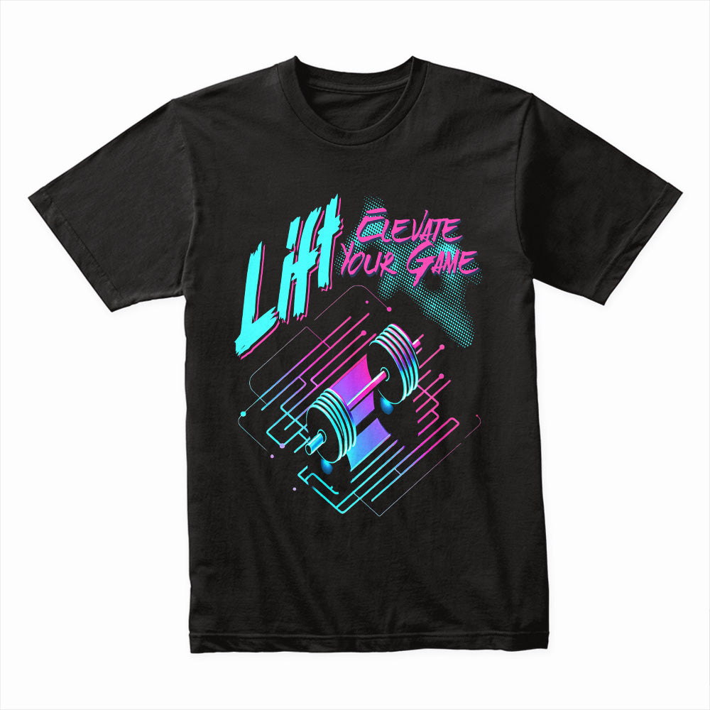 "Lift & Elevate Your Game" Neon Cyber Gym T-Shirt – Futuristic Fitness Vibes