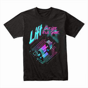 "Lift & Elevate Your Game" Neon Cyber Gym T-Shirt – Futuristic Fitness Vibes