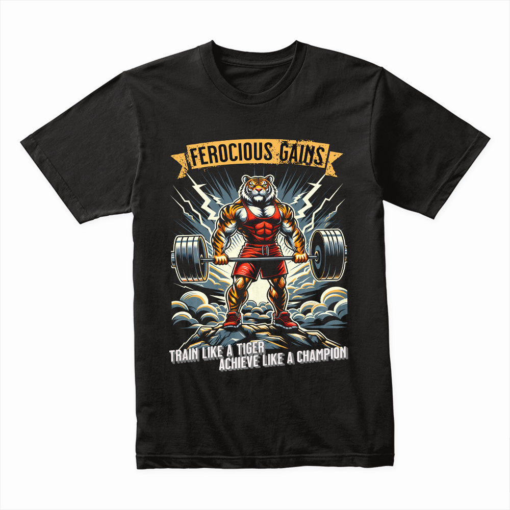 "Ferocious Gains" Tiger Powerlifting Gym T-Shirt – Train Like a Champion