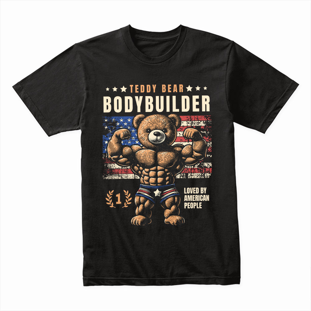 "Teddy Bear Bodybuilder" Patriotic Gym T-Shirt – Strength & Cuteness Combined