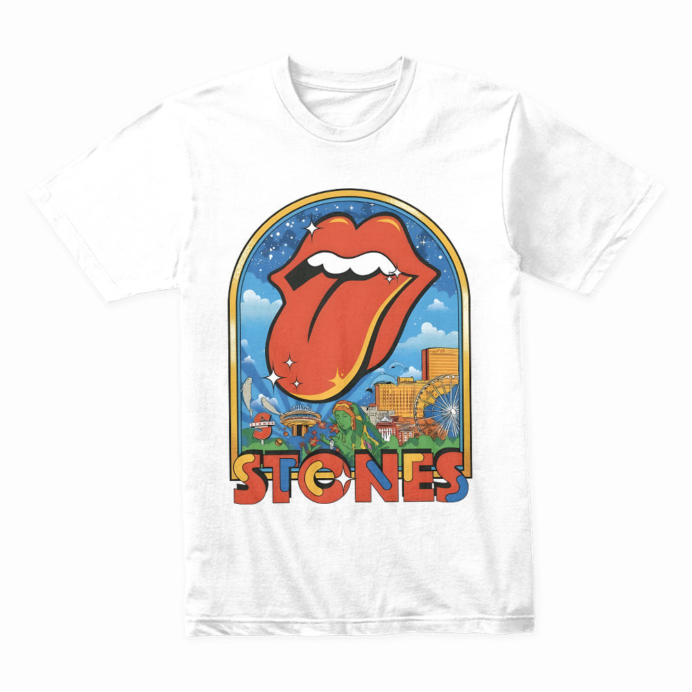The Rolling Stones Retro Cityscape T-Shirt – Iconic Tongue Logo & Vintage Tour Art