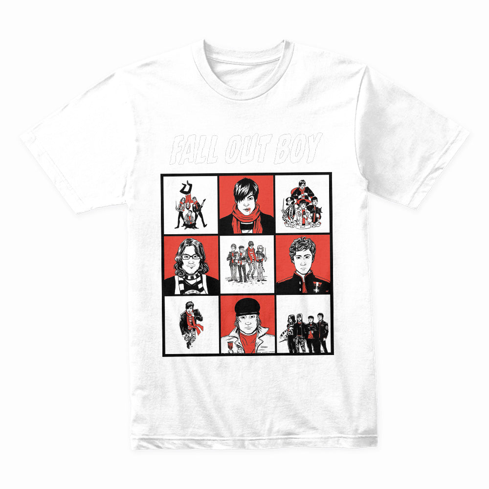 Fall Out Boy Comic-Style Grid Graphic T-Shirt – Alternative Rock Band Tee