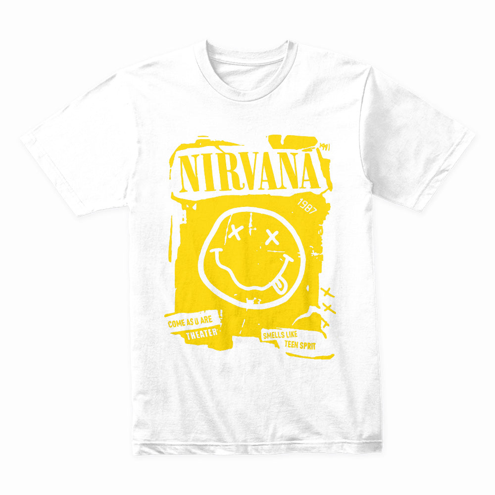 Nirvana Smiley Face Distressed Poster T-Shirt – Grunge Rock Tribute