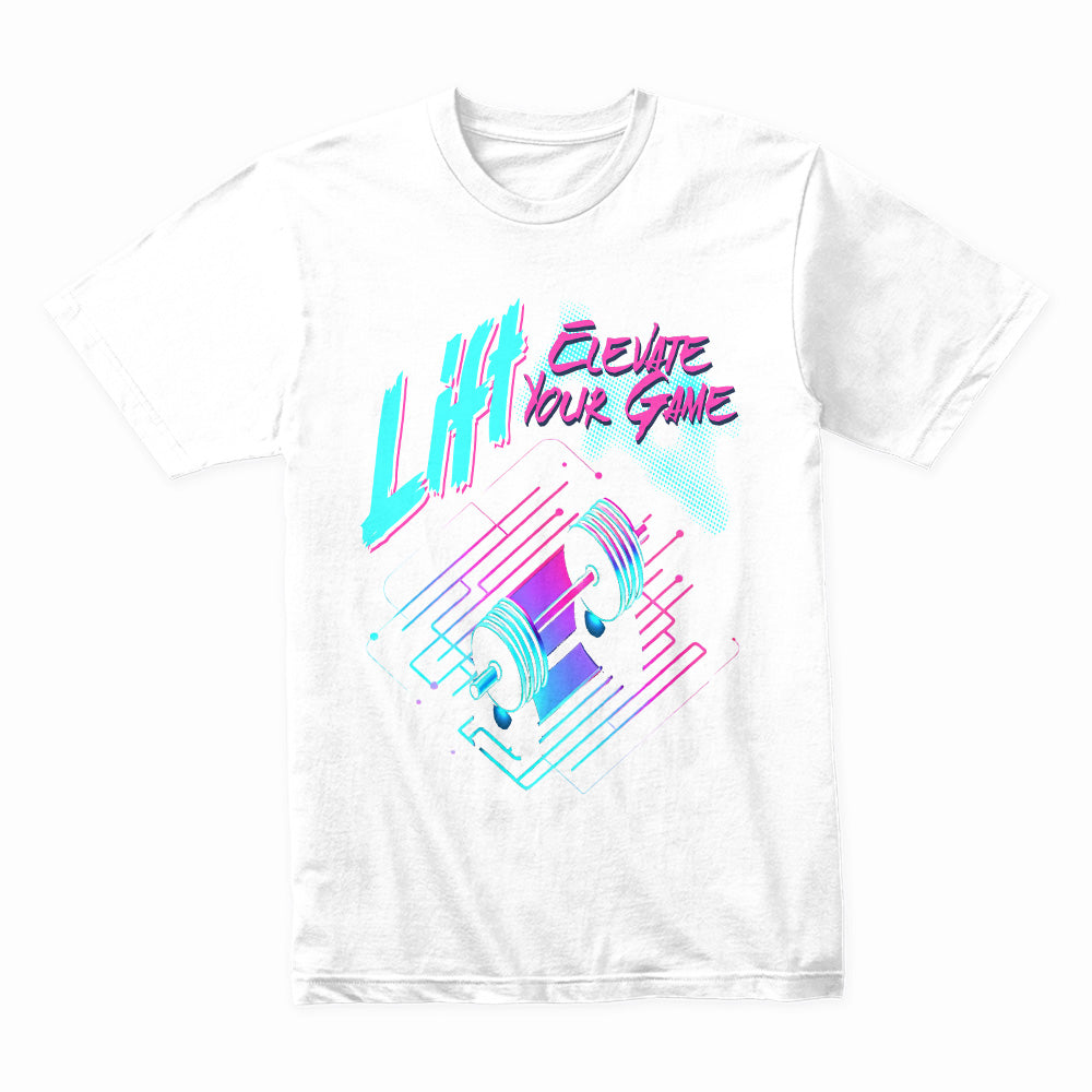 "Lift & Elevate Your Game" Neon Cyber Gym T-Shirt – Futuristic Fitness Vibes