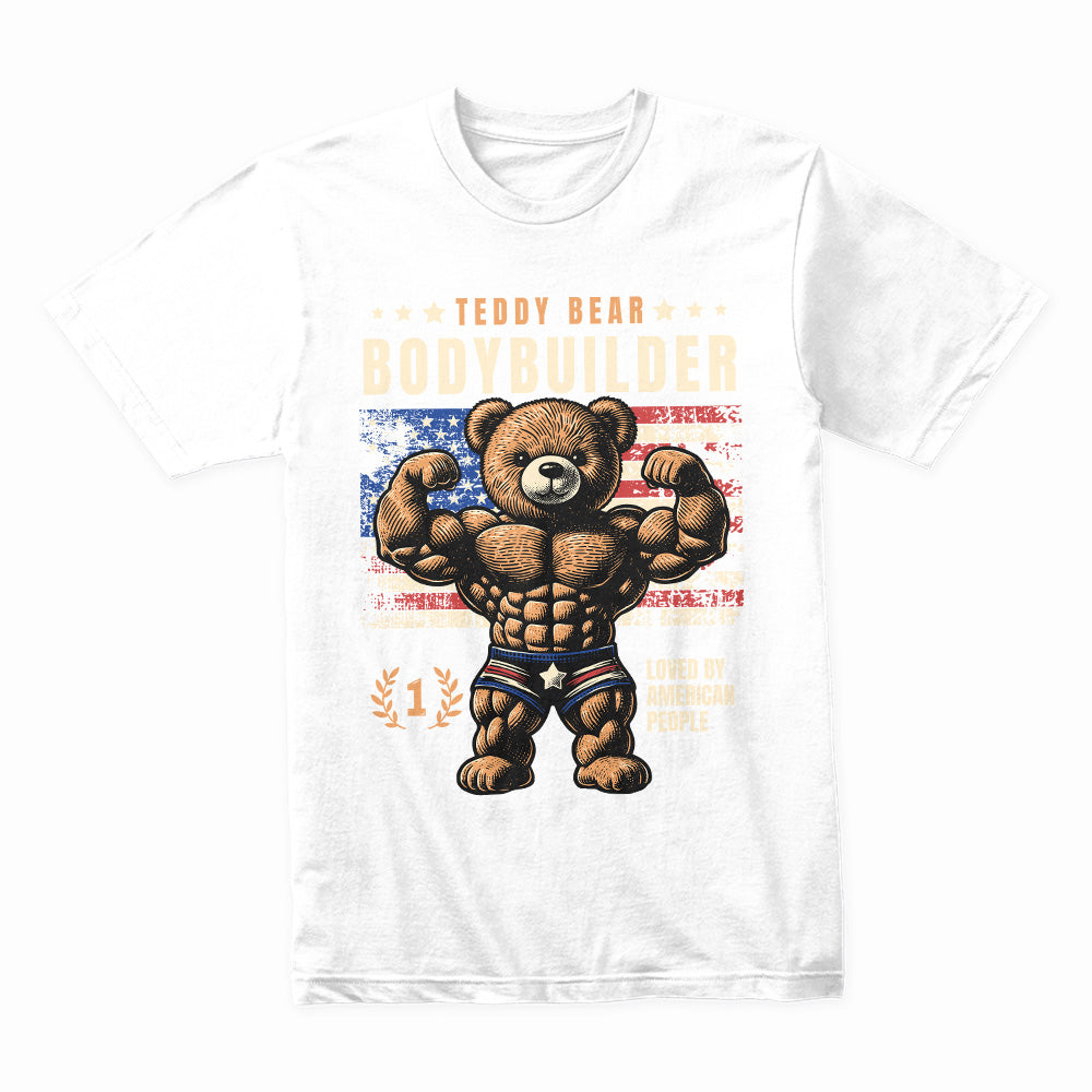 "Teddy Bear Bodybuilder" Patriotic Gym T-Shirt – Strength & Cuteness Combined