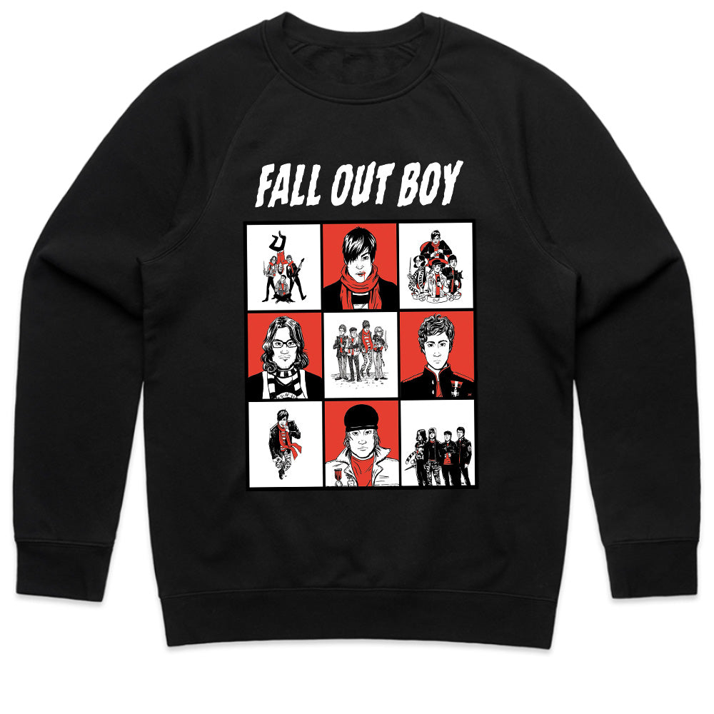 Fall Out Boy Comic-Style Grid Graphic T-Shirt – Alternative Rock Band Tee