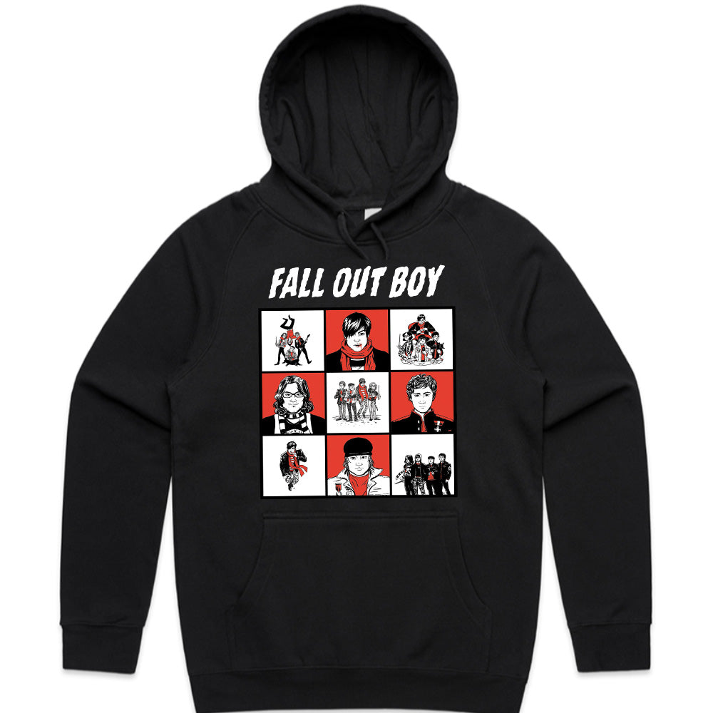 Fall Out Boy Comic-Style Grid Graphic T-Shirt – Alternative Rock Band Tee