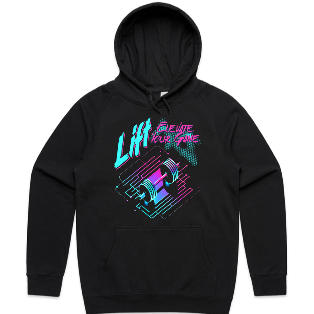 "Lift & Elevate Your Game" Neon Cyber Gym T-Shirt – Futuristic Fitness Vibes