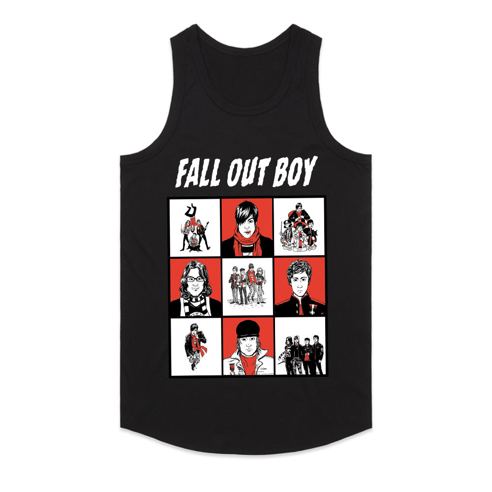Fall Out Boy Comic-Style Grid Graphic T-Shirt – Alternative Rock Band Tee
