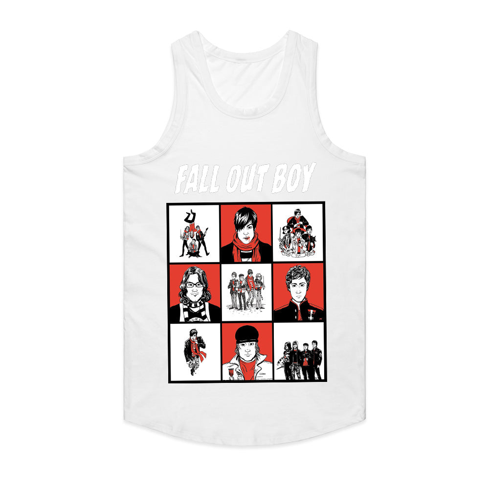 Fall Out Boy Comic-Style Grid Graphic T-Shirt – Alternative Rock Band Tee
