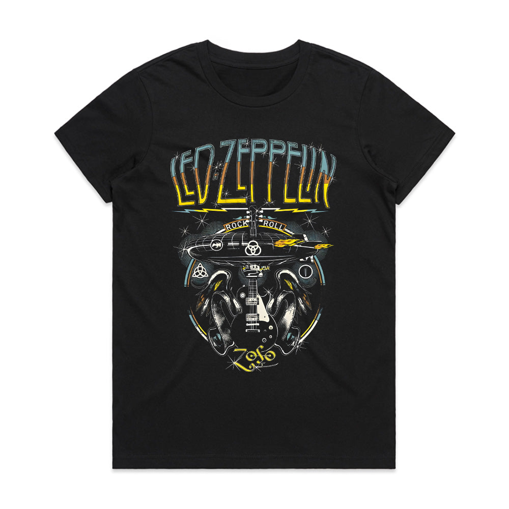 Led Zeppelin Rock & Roll Airship T-Shirt – Iconic Zeppelin & Guitar Design