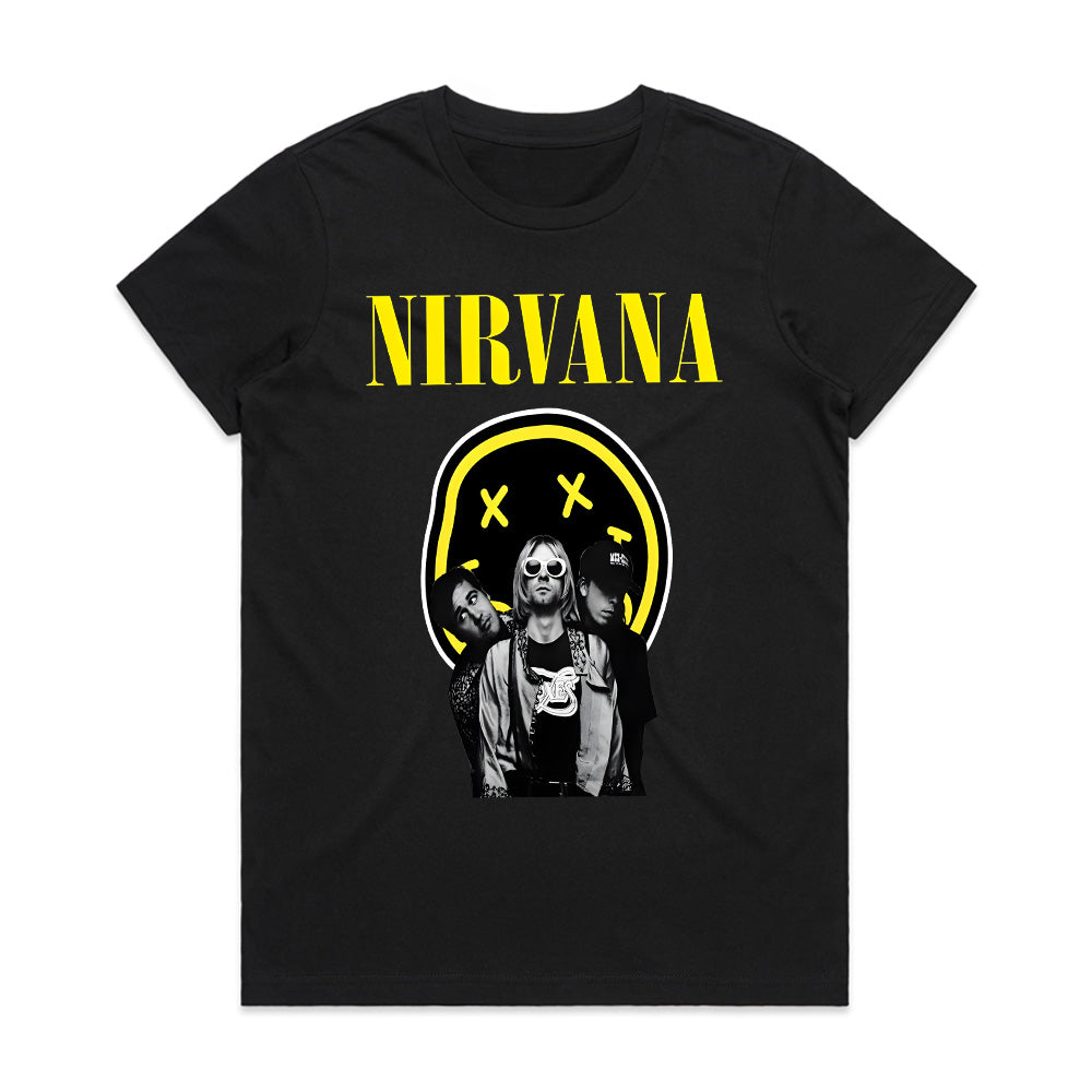 Nirvana Classic Band T-Shirt – Smiley Face & Iconic Trio Design