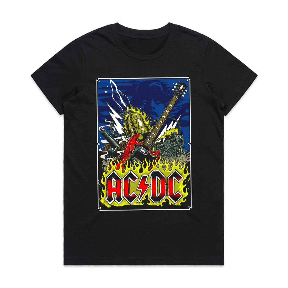 AC/DC Rock & Roll Inferno T-Shirt – Electric Guitar & Flames Design