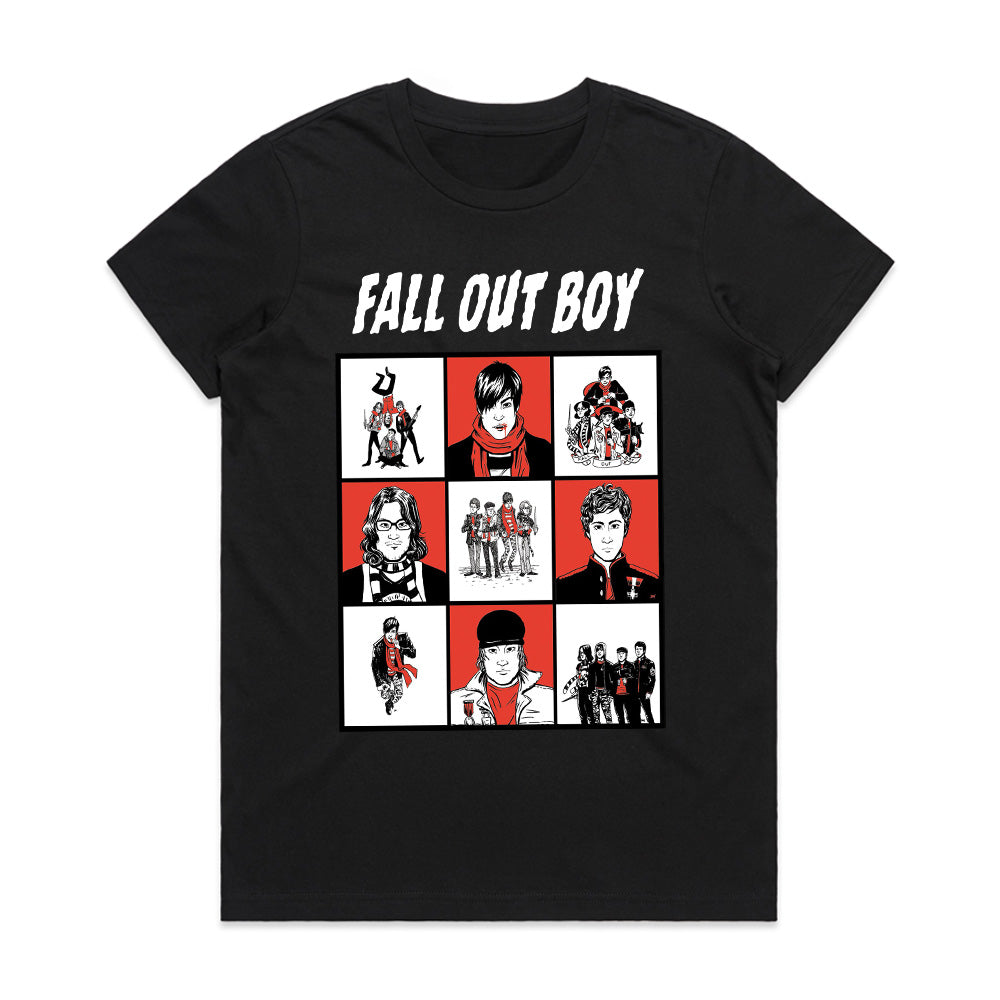 Fall Out Boy Comic-Style Grid Graphic T-Shirt – Alternative Rock Band Tee