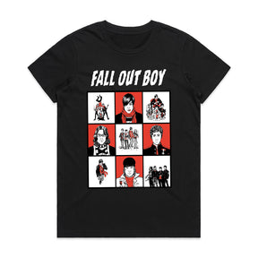 Fall Out Boy Comic-Style Grid Graphic T-Shirt – Alternative Rock Band Tee