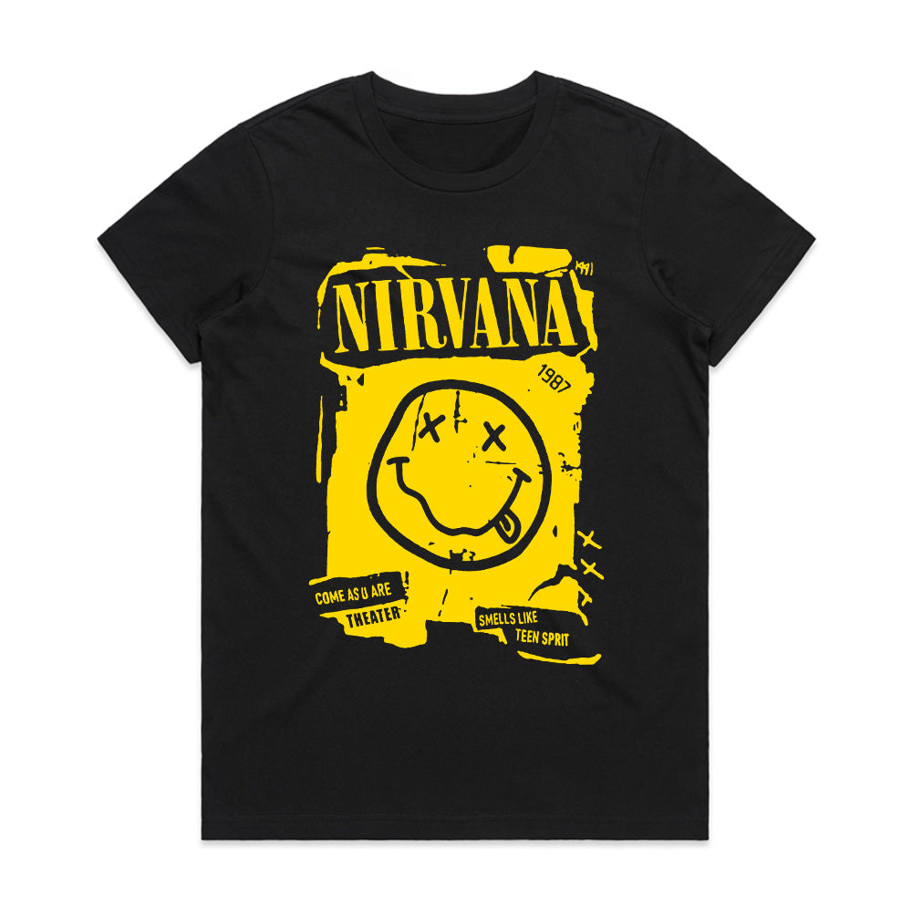 Nirvana Smiley Face Distressed Poster T-Shirt – Grunge Rock Tribute