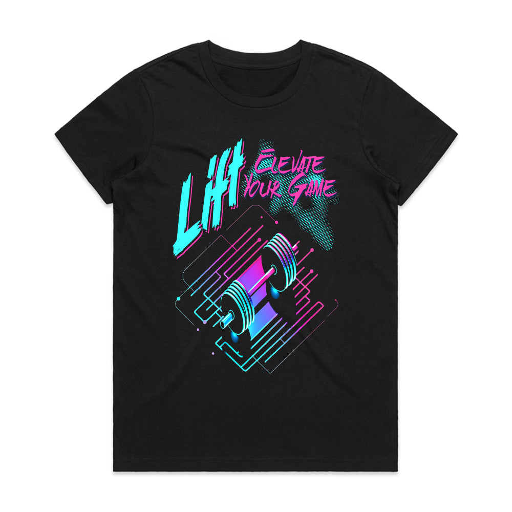 "Lift & Elevate Your Game" Neon Cyber Gym T-Shirt – Futuristic Fitness Vibes