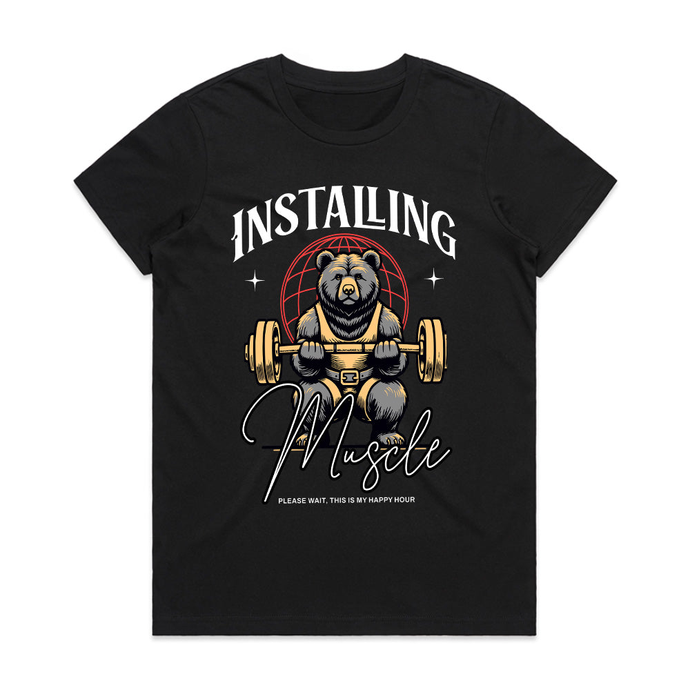 "Installing Muscle" Funny Powerlifting Bear Gym T-Shirt
