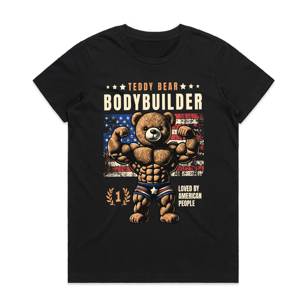 "Teddy Bear Bodybuilder" Patriotic Gym T-Shirt – Strength & Cuteness Combined