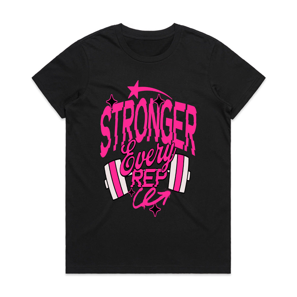 "Stronger Every Rep" Women's Motivational Gym T-Shirt – Lift, Grow, Conquer