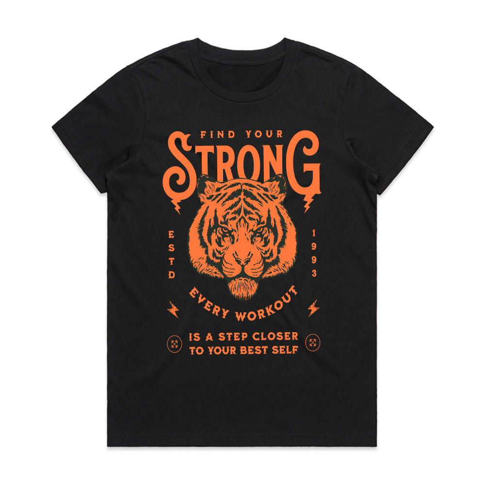 "Find Your Strong" Tiger-Themed Motivational Gym T-Shirt – Strength, Power, and Growth