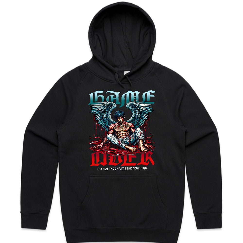 "Game Over – Angel Warrior Gaming T-Shirt with Dark Fantasy Art"