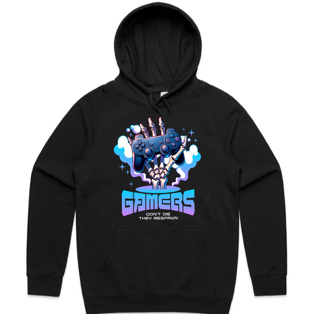 "Gamers Don’t Die, They Respawn – Skeleton Hand Gaming T-Shirt"