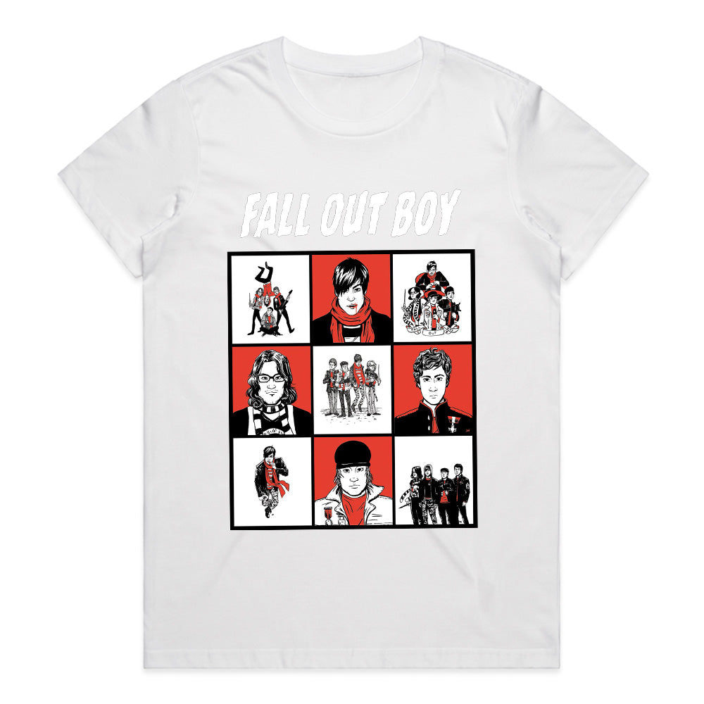 Fall Out Boy Comic-Style Grid Graphic T-Shirt – Alternative Rock Band Tee