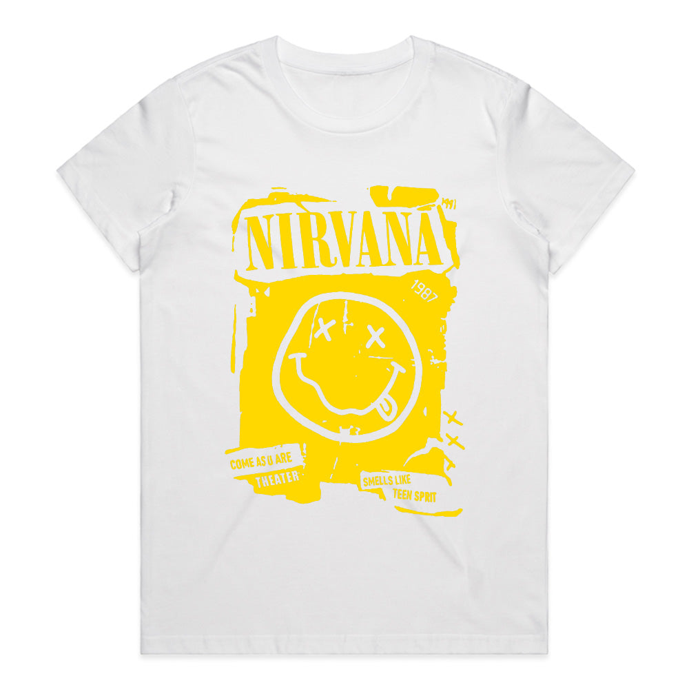 Nirvana Smiley Face Distressed Poster T-Shirt – Grunge Rock Tribute