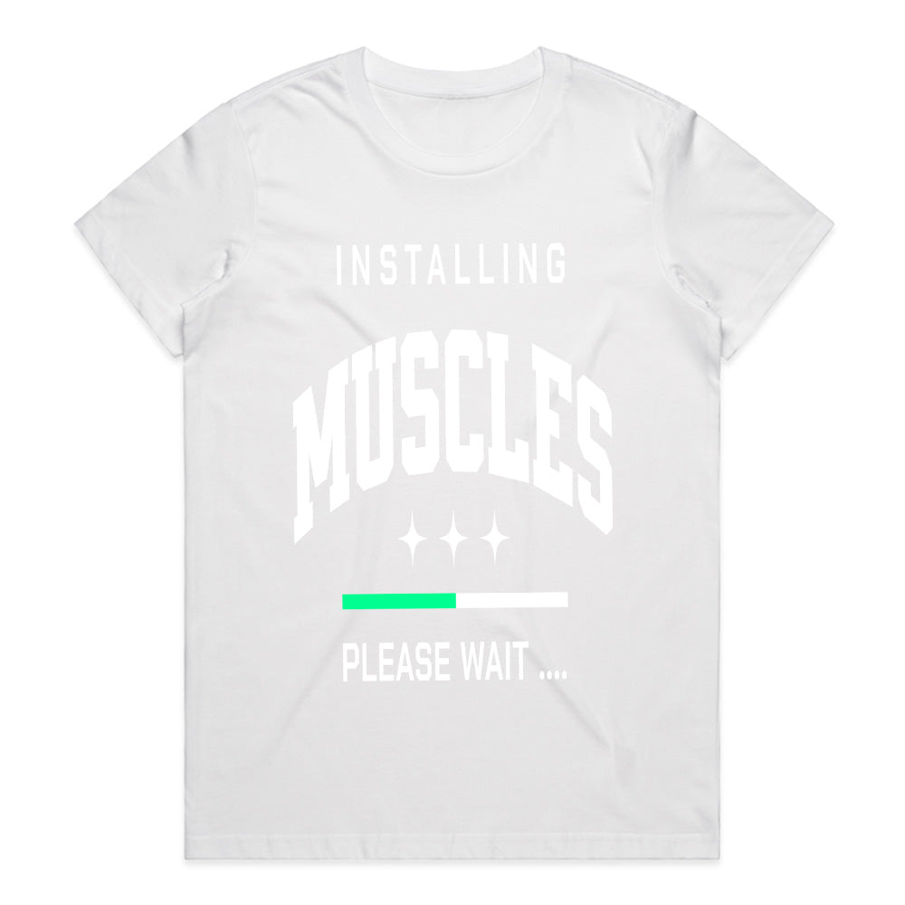 "Installing Muscles... Please Wait" Funny Gym T-Shirt – Work in Progress