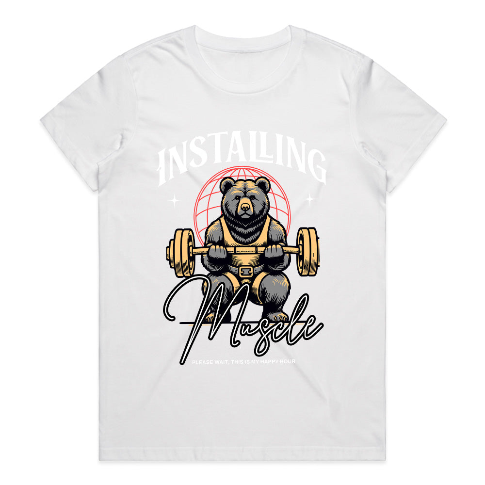 "Installing Muscle" Funny Powerlifting Bear Gym T-Shirt
