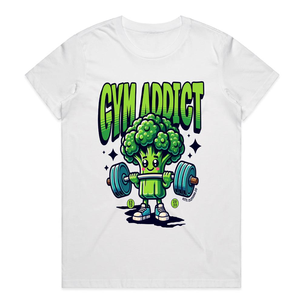 "Gym Addict" Cute Broccoli Workout T-Shirt – Fun & Motivational Fitness Tee