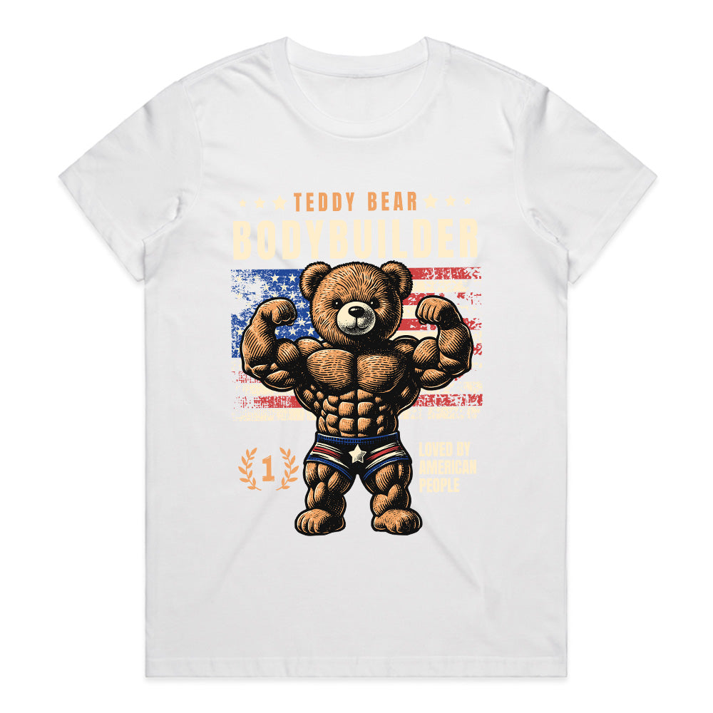 "Teddy Bear Bodybuilder" Patriotic Gym T-Shirt – Strength & Cuteness Combined