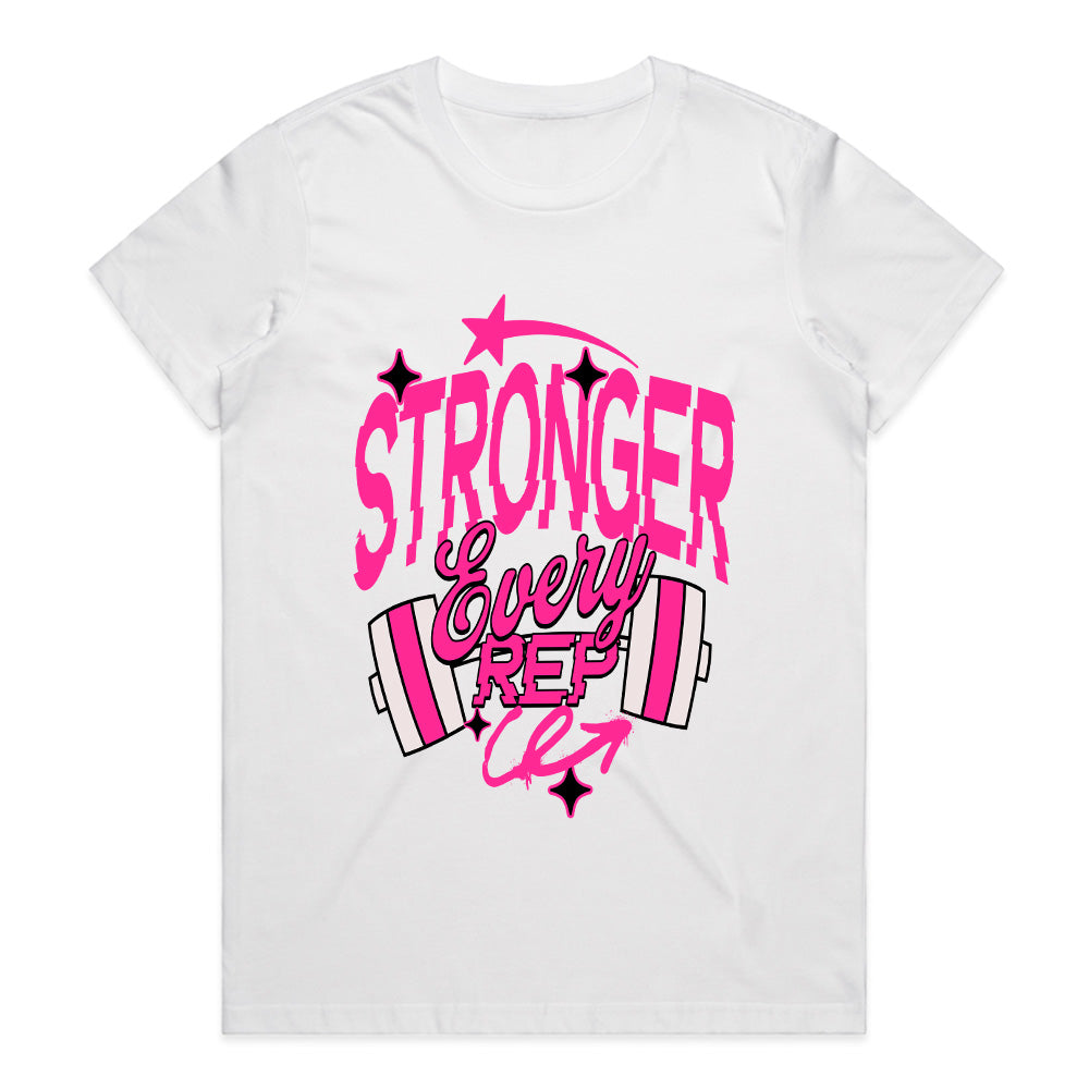 "Stronger Every Rep" Women's Motivational Gym T-Shirt – Lift, Grow, Conquer