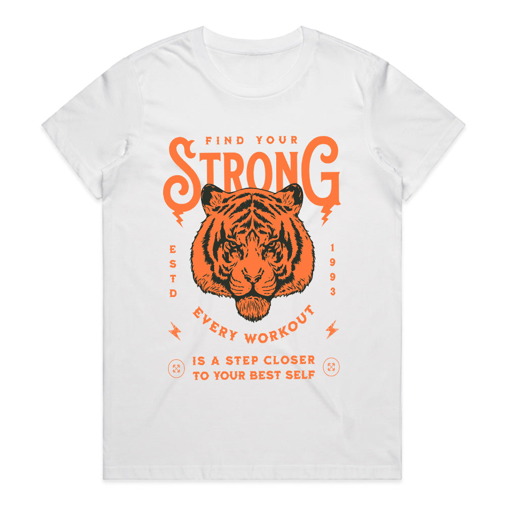 "Find Your Strong" Tiger-Themed Motivational Gym T-Shirt – Strength, Power, and Growth