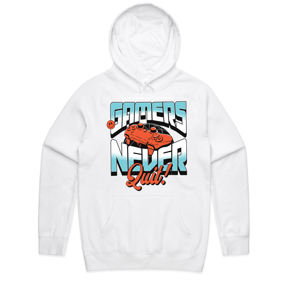 "Gamers Never Quit" T-Shirt - Retro Futuristic Gaming Design