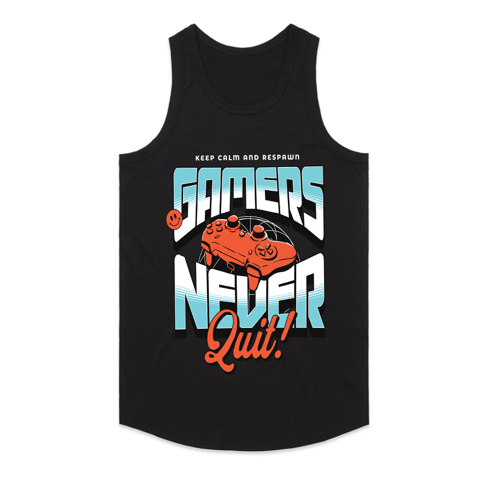 "Gamers Never Quit" T-Shirt - Retro Futuristic Gaming Design