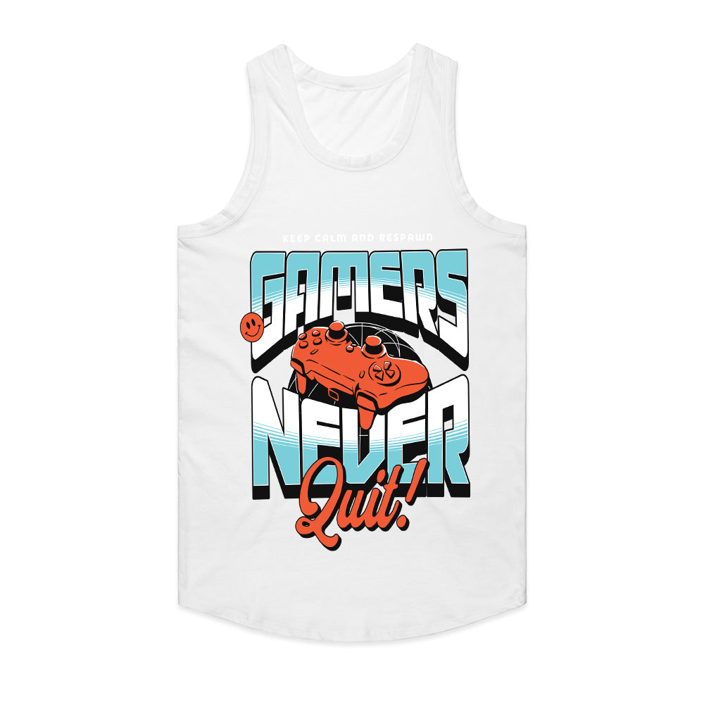 "Gamers Never Quit" T-Shirt - Retro Futuristic Gaming Design
